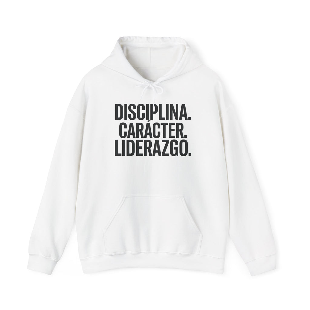 Hoodie blanco EML con diseño Disciplina. Carácter. Liderazgo.