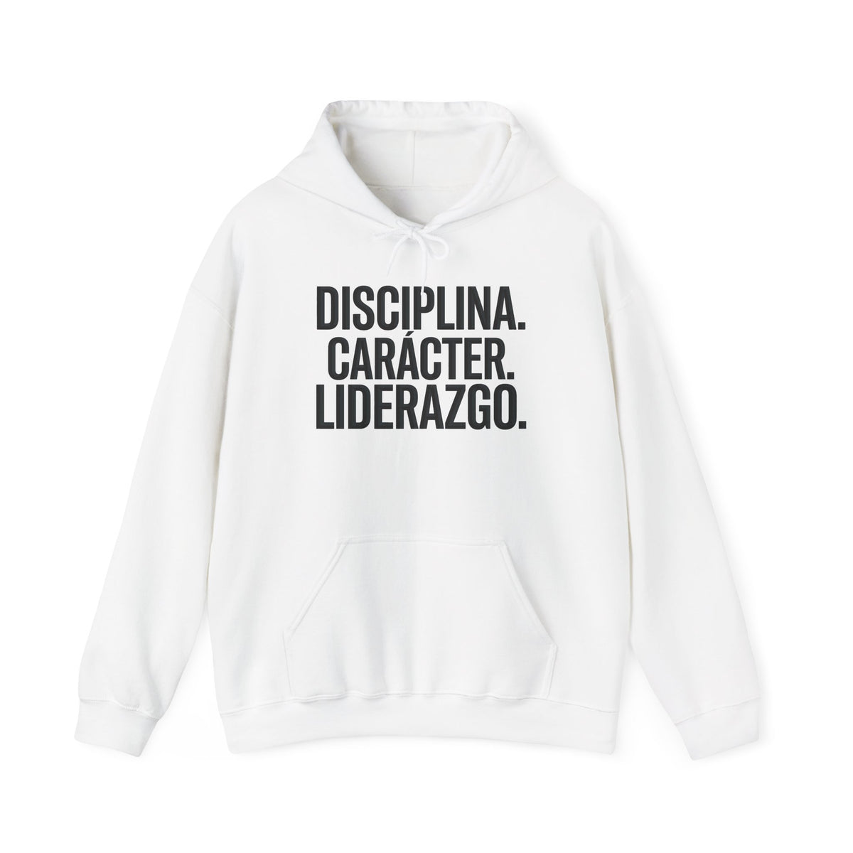 Hoodie blanco EML con diseño Disciplina. Carácter. Liderazgo.
