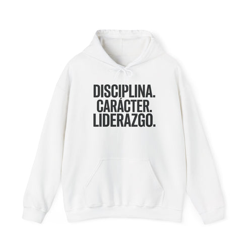 Hoodie blanco EML con diseño Disciplina. Carácter. Liderazgo.