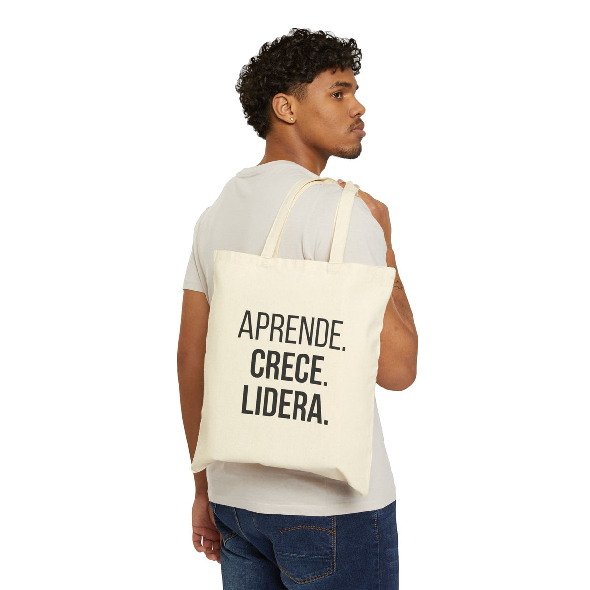 Detalle del diseño Aprende. Crece. Lidera. en tote bag EML