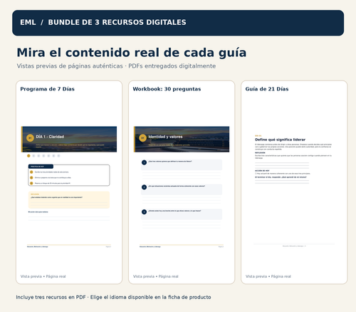 Muestras auténticas de los PDF entregados: Workbook Premium v2, Programa Premium v2 y Guía de 21 Días.