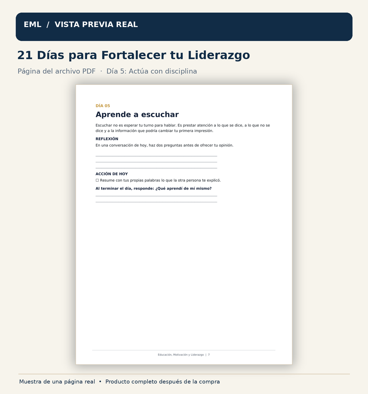 Vista previa auténtica de 21 Días para Fortalecer tu Liderazgo: página 7.