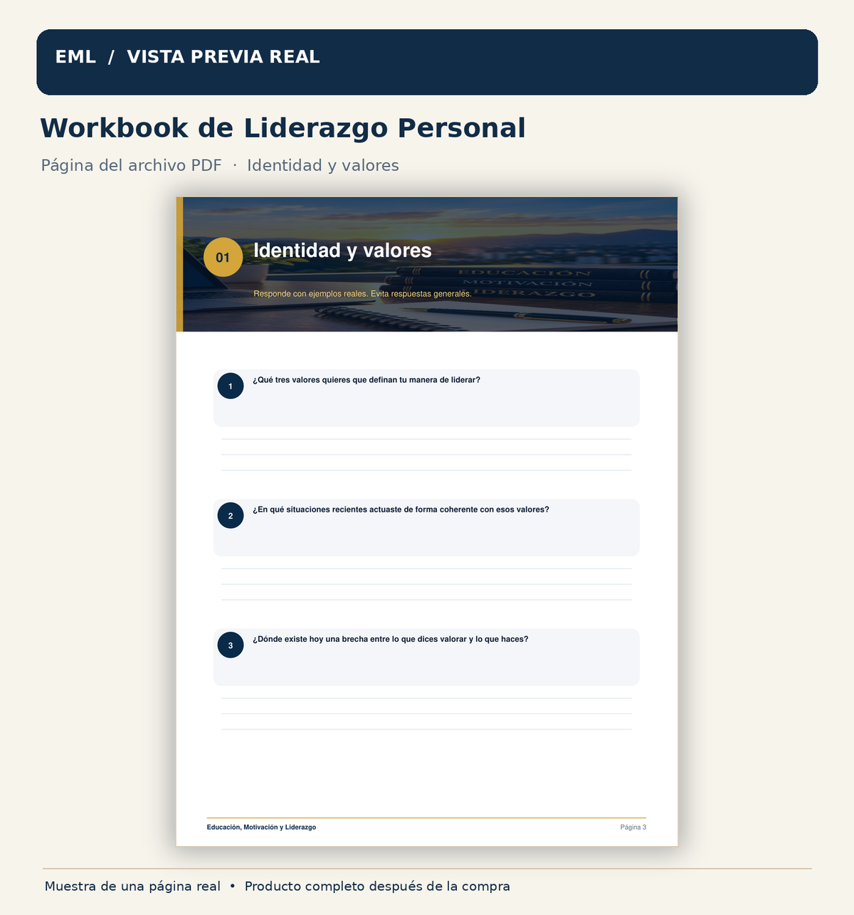 Muestra real de página 3 del Workbook de Liderazgo Personal Premium v2: identidad y valores.