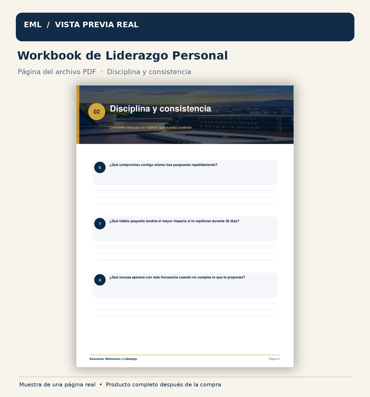 Muestra real de página 5 del Workbook de Liderazgo Personal Premium v2: disciplina y consistencia.